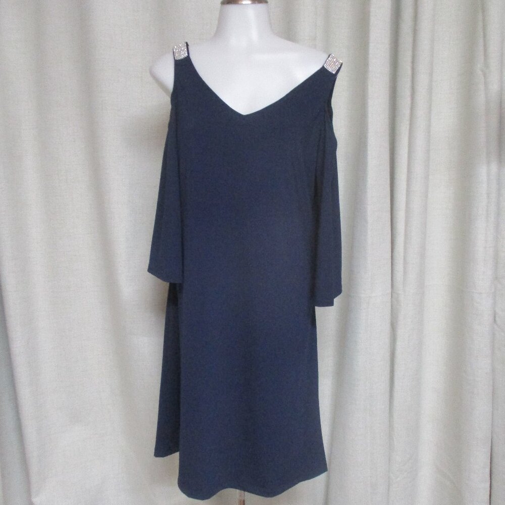 HAANI navy blue stretch cold shoulder bling strap pullover  dress